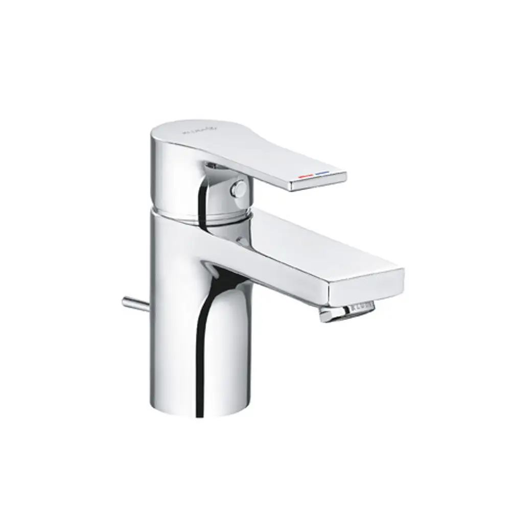 Chromfarbener Wasserhahn von Kludi mit einem flachen Auslauf und einemHebel zur Steuerung der Wassertemperatur. Schlichtes Design, geeignet für Waschbeckenmontage.